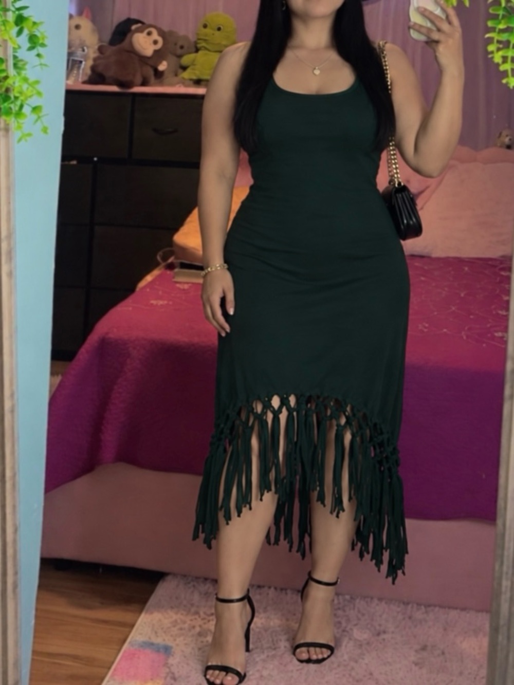 Sleeveless Dark Green Fringe Hem Midi Dress